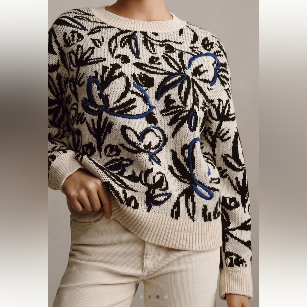 NWOT By Anthropologie Floral Pop Embroidered Sweater, Size Small